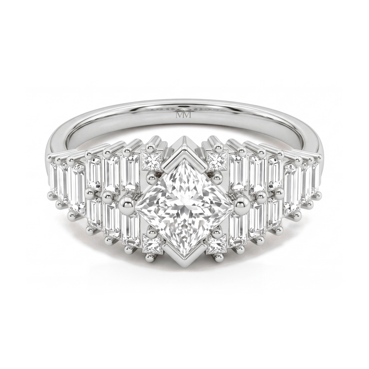 Princelle - Art deco -tyylinen prinsessahiontainen moissaniittisormus porrastetuilla baguette-olakkeilla